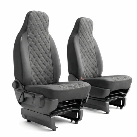 Front pair leatherette seat covers with integrated headrests, dark gray diamond quilting