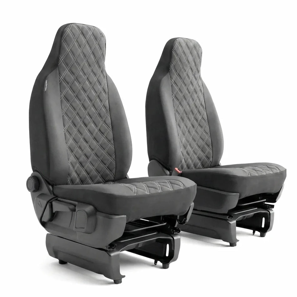 Front pair leatherette seat covers with integrated headrests, dark gray diamond quilting