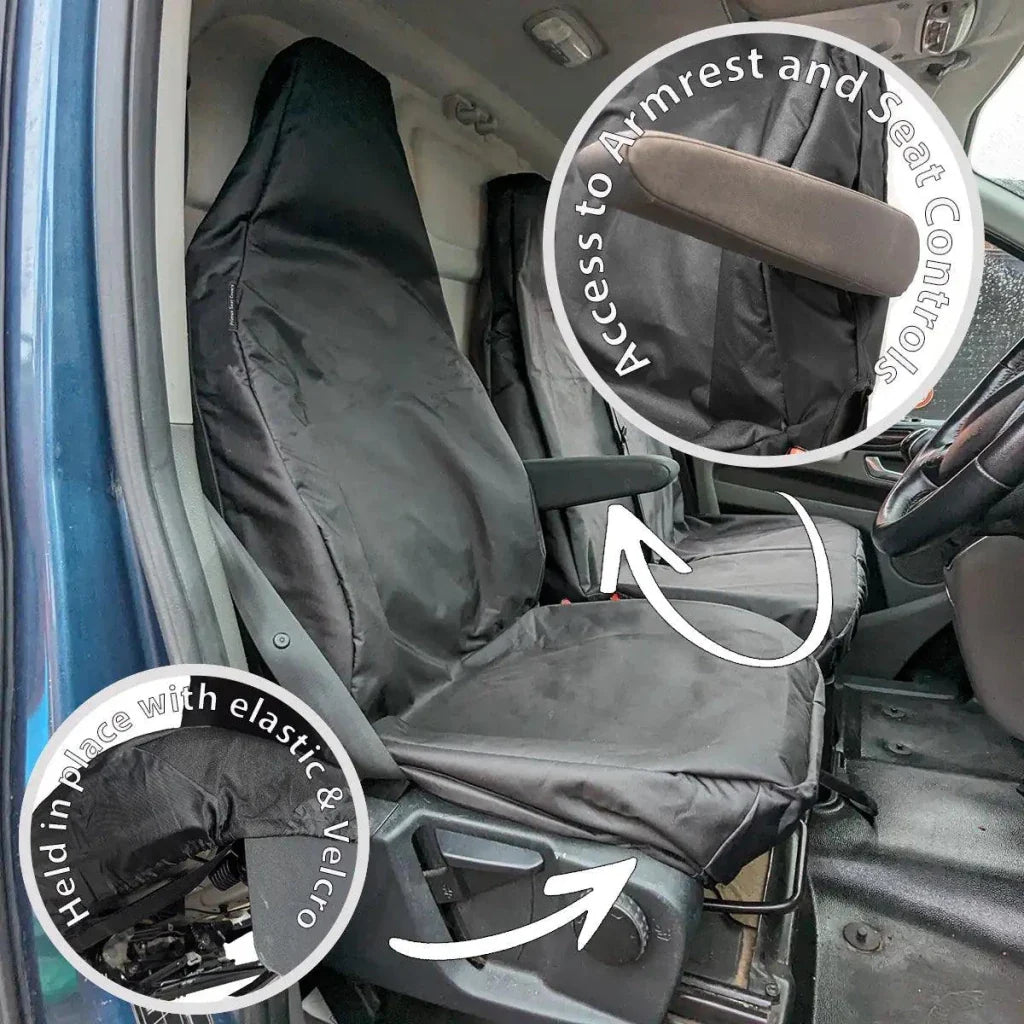 Car driver seat cover fitted on front seat in black, covering headrest and seat cushion