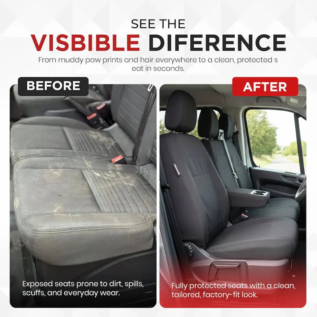 Van seat covers showing protected black seating and tailored molded appearance