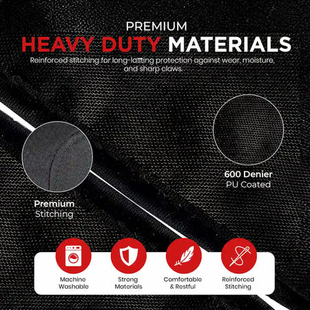 Black textured seat cover material with reinforced stitching and 600 Denier PU coating