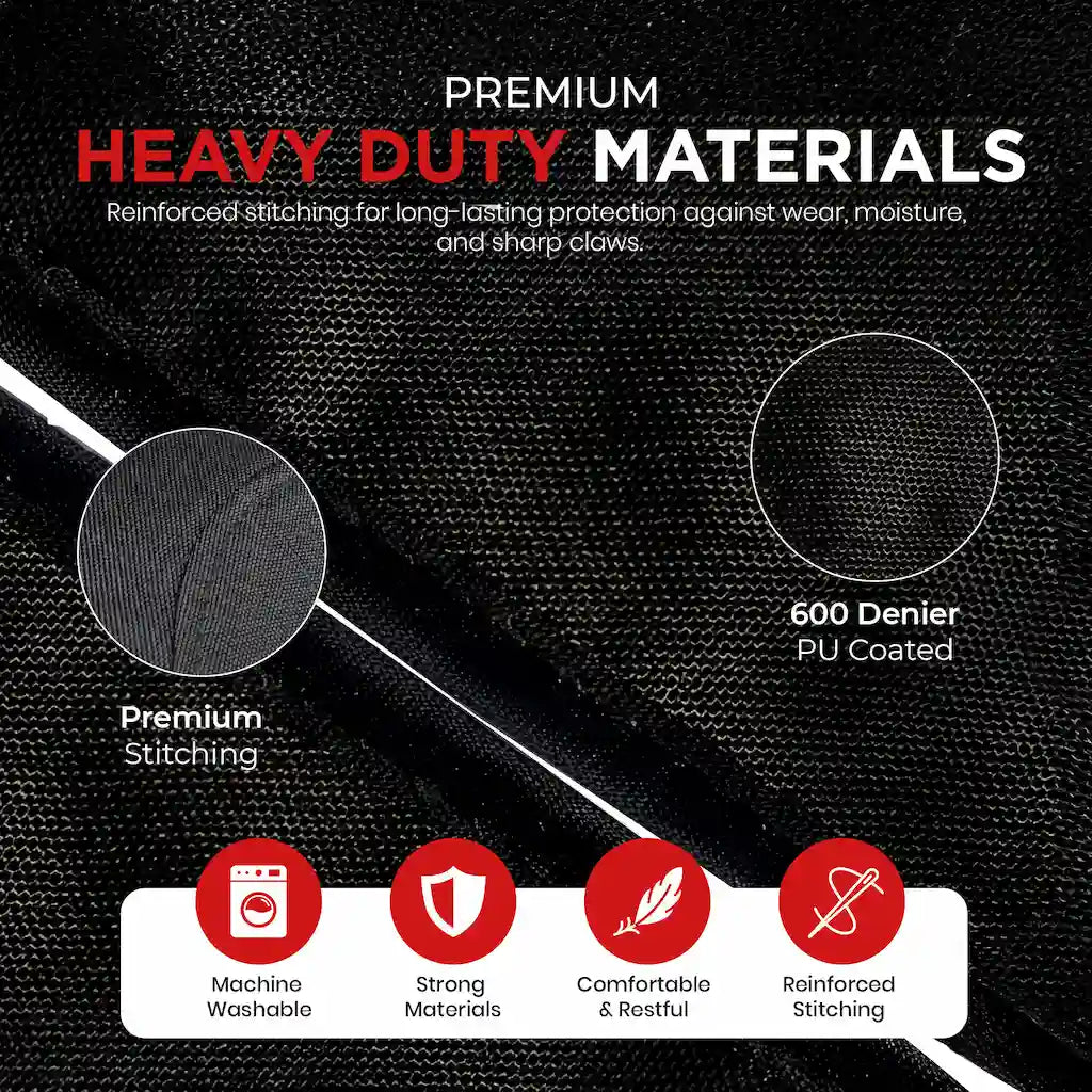 Black textured seat cover material with reinforced stitching and 600 Denier PU coating