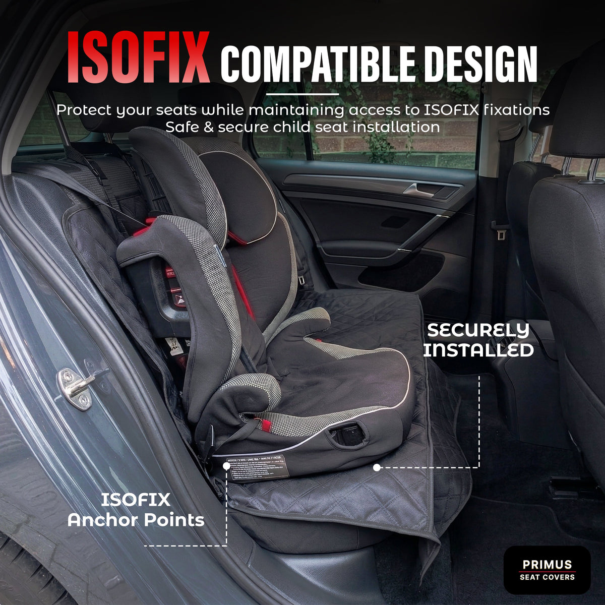 Black rear seat protector with quilted panels and ISOfix anchor points