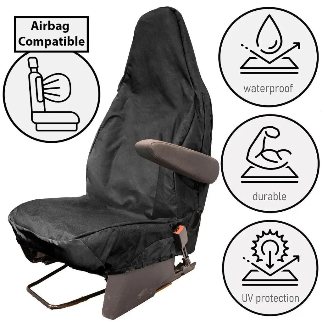 Universal front seat cover in black with headrest opening and side flap