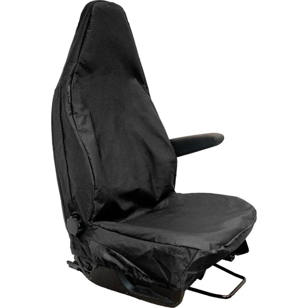 Black driver seat cover for van, fitted with headrest panel and side handle opening
