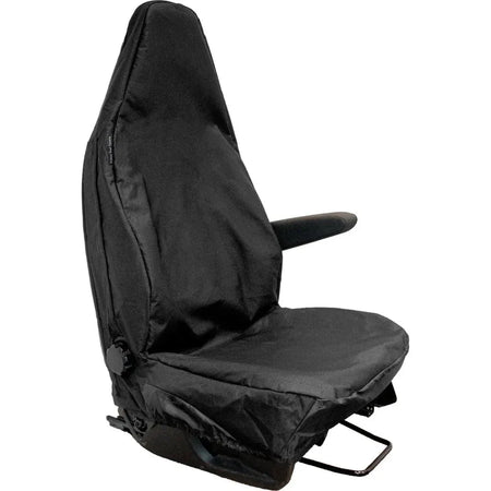 Black driver seat cover for van, fitted with headrest panel and side handle opening