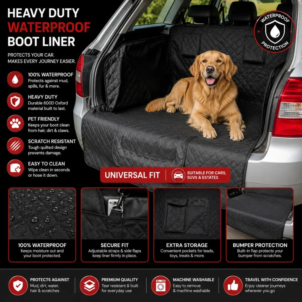 Black waterproof boot liner mat with diamond pattern, dog lying on it in trunk